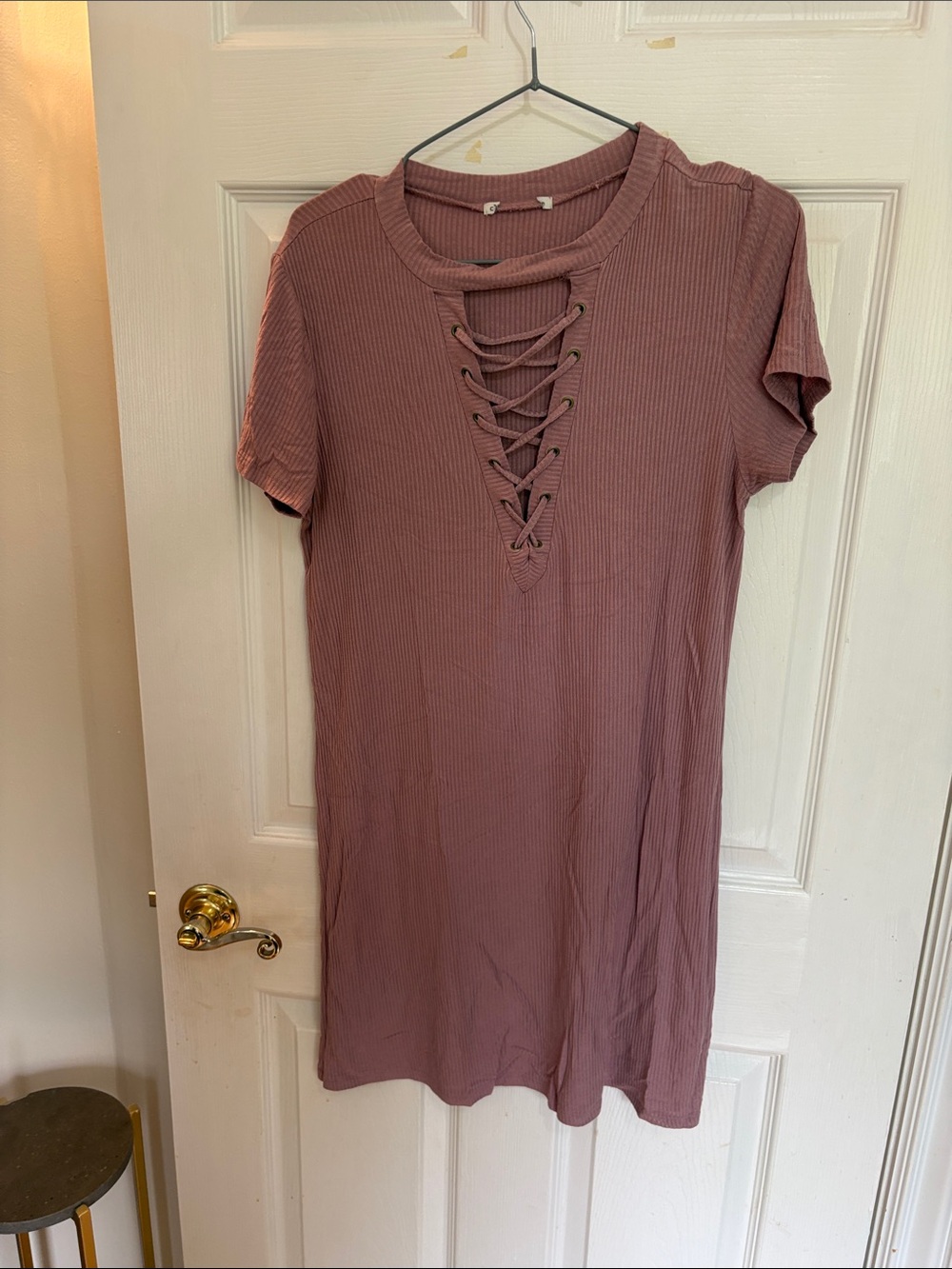 Lace-Up Ribbed Tunic Dress - Dusty Mauve